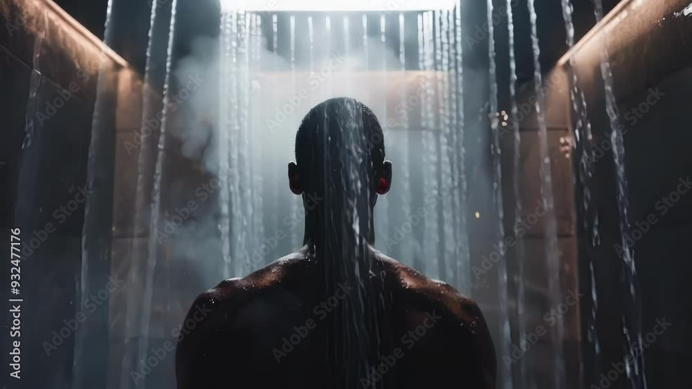 Muscular man is enjoying a refreshing cold shower in a luxury spa. The water is cascading down his back, providing a revitalizing and invigorating experience