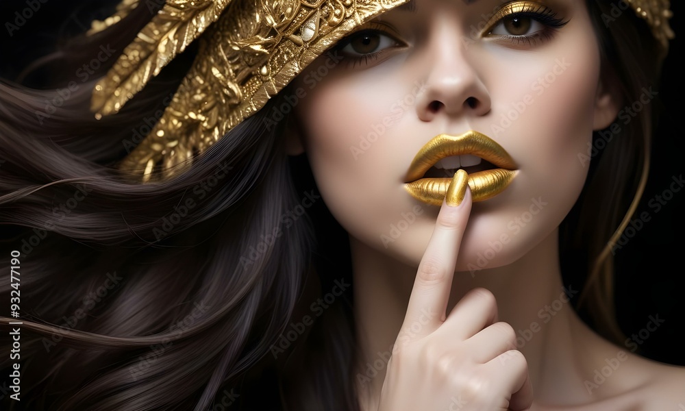 A beautiful woman with dark hair and gold makeup on her eyes and lips, making a shushing gesture with her finger on her lips.