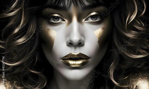 Obraz na płótnie A close-up portrait of a young woman with dark skin , full lips painted in gold , and dramatic eye makeup . w salonie