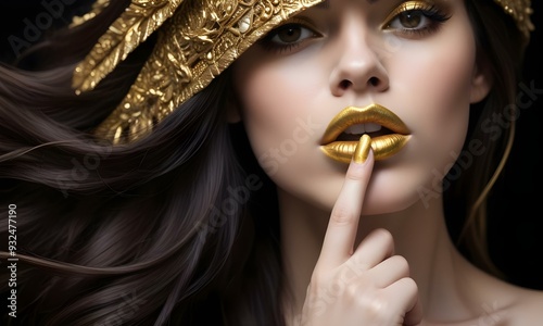 Obraz na płótnie A beautiful woman with dark hair and gold makeup on her eyes and lips, making a shushing gesture with her finger on her lips. w salonie
