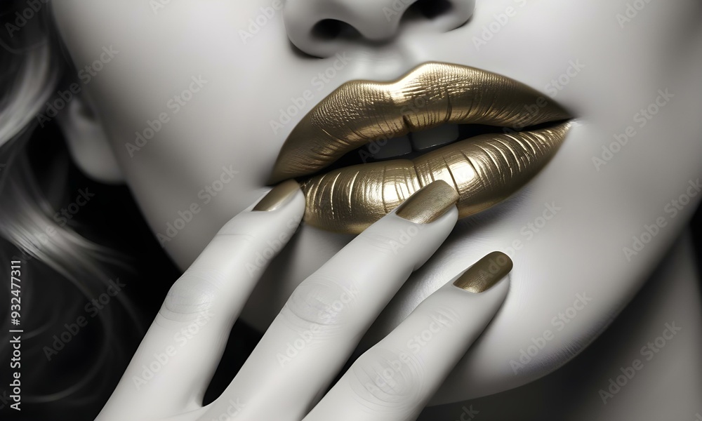 A close-up of a woman's face with golden lips against a white background