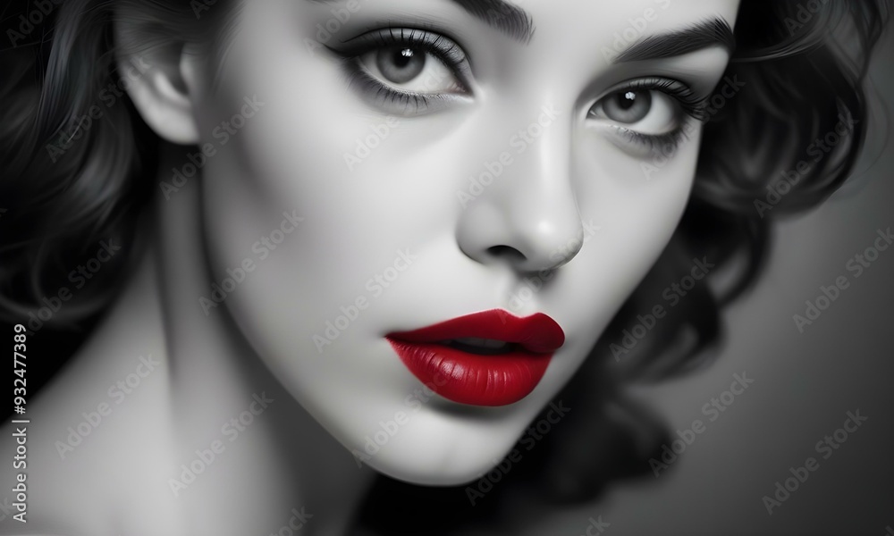 A portrait of a young beautiful woman with dark hair and bold red lips. A portrait of a young beautiful woman with dark hair and bold red lips.