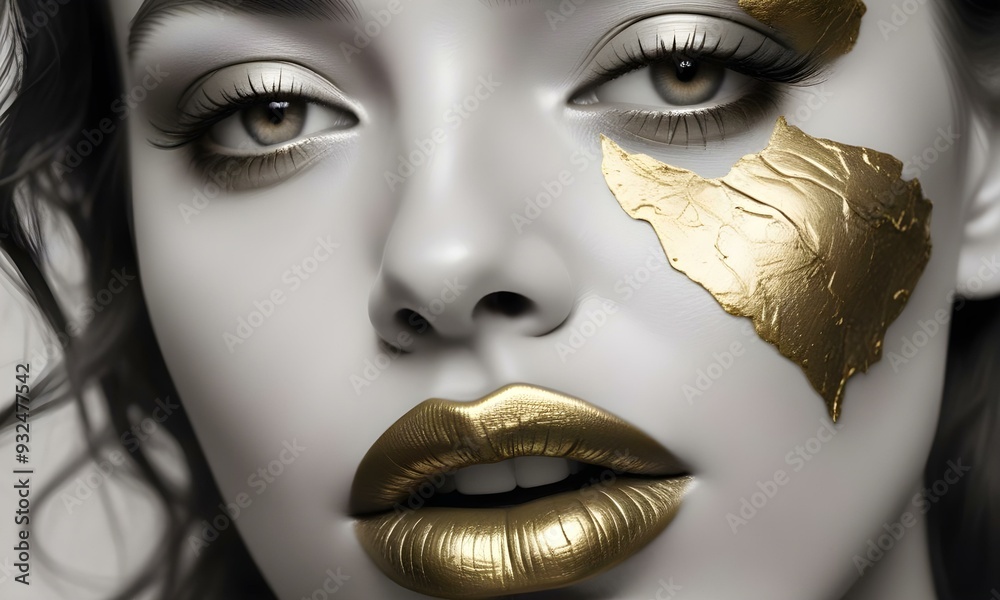 A close-up portrait of a young woman with dark skin , full lips painted in gold , and dramatic eye makeup .