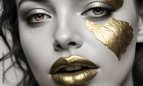 Obraz na płótnie A close-up portrait of a young woman with dark skin , full lips painted in gold , and dramatic eye makeup . w salonie