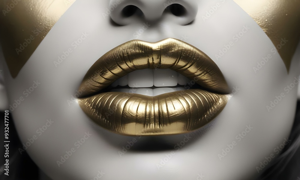 A close-up of a woman's face with golden lips against a white background