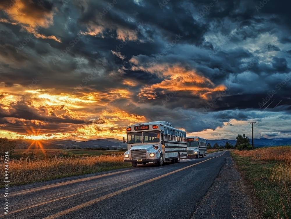 Two white buses on rural road at sunset with dramatic clouds in picturesque landscape Two white buses on rural road at sunset with dramatic clouds in picturesque landscape