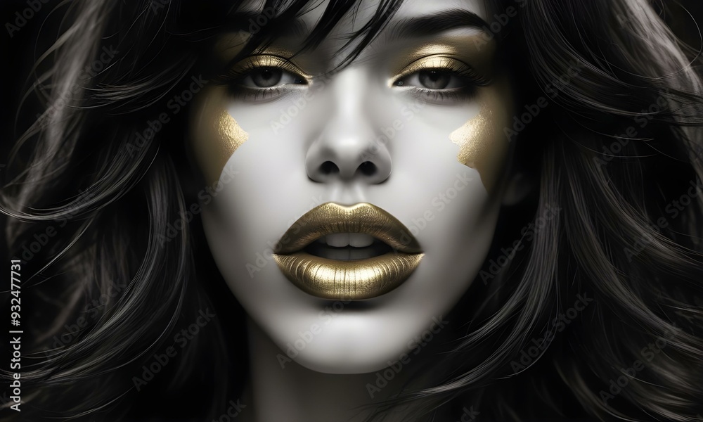 A close-up portrait of a young woman with dark skin , full lips painted in gold , and dramatic eye makeup .