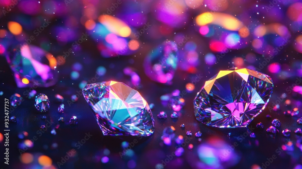 Abstract diamonds in various cuts falling over neon dots landscape, bright paradise backdrop, vibrant and luxurious