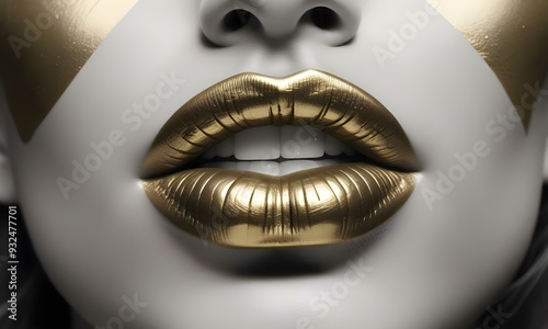 Obraz na płótnie A close-up of a woman's face with golden lips against a white background w salonie