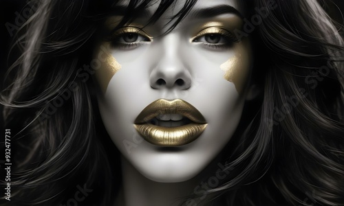 A close-up portrait of a young woman with dark skin , full lips painted in gold , and dramatic eye makeup .