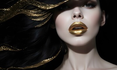 Fotobehang Zwart goud Donker model met gouden lippen  © idris