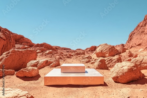 A product display podium in a Martian landscape, surrounded by red rocks and a clear blue sky, offering a unique backdrop for creative presentations