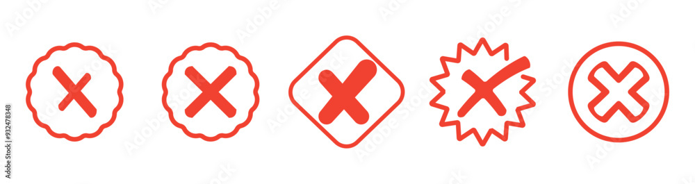 Obraz premium Set of different red cross. Wrong. Trendy icons. Symbol sign. Hand drawn. Doodle. Vector. Textbox and checkbox. Frame vote. Button. No. Mark . Flat line style. False and reject.