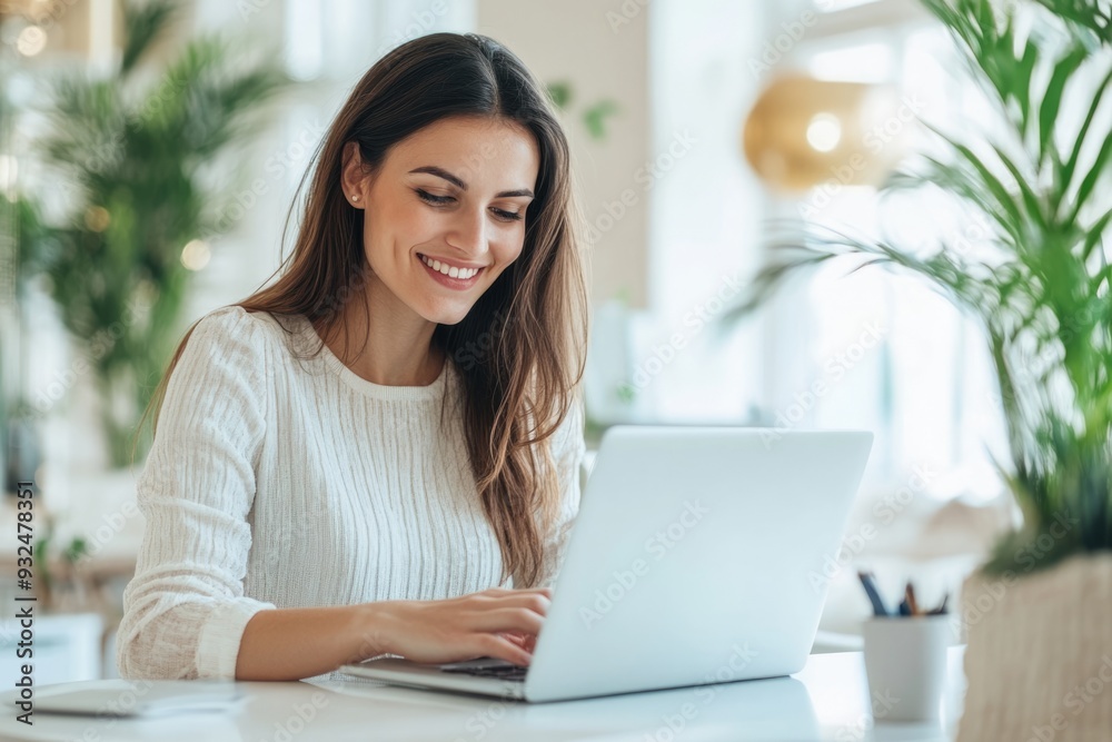 A high-resolution photograph of a young woman marketer, smiling as she works on her laptop in a bright, elegant office setting A high-resolution photograph of a young woman marketer, smiling as she works on her laptop in a bright, elegant office setting