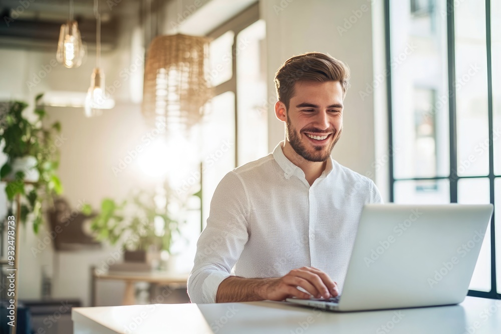 High-resolution brightly lit photorealistic candid photograph of a young marketer in a modern office, smiling as he works on his laptop in bright natural light. The photograph is styled like a