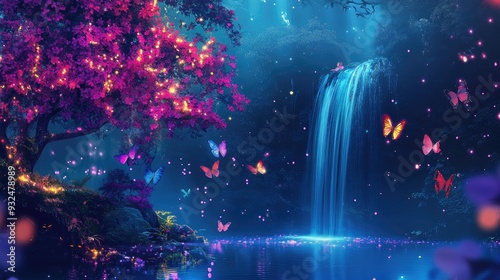 Abstract landscape with neon dots forming trees, flowers, and a waterfall, butterflies in a paradise background