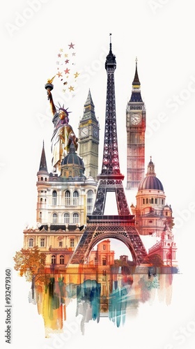 Famous Landmarks Watercolor Illustration