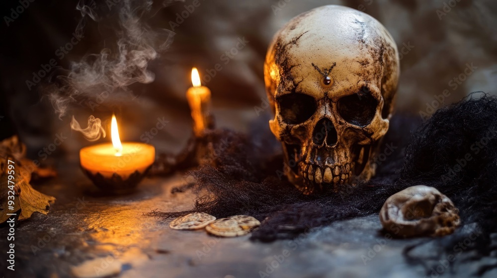 Human Skull with Burning Candles and Smoke in Dark Setting Human Skull with Burning Candles and Smoke in Dark Setting