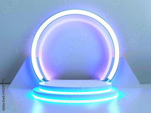 Podium background 3D light tech stage future platform game abstract. Podium 3D background technology room product circle glow effect portal stand studio scene white design ring modern display space.