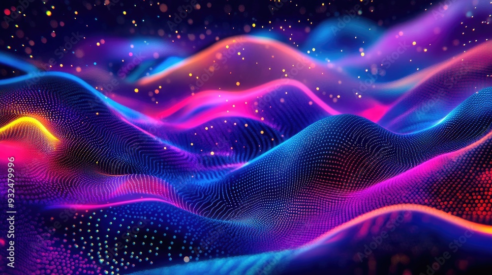 Abstract neon shapes interacting with neon dots landscape, vivid paradise background, colorful and luminous Abstract neon shapes interacting with neon dots landscape, vivid paradise background, colorful and luminous