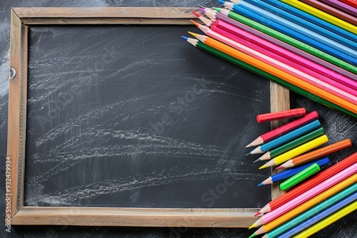 Educational setup with blackboard, color pencils, and stationery, top view. Ample copy space for text or graphics