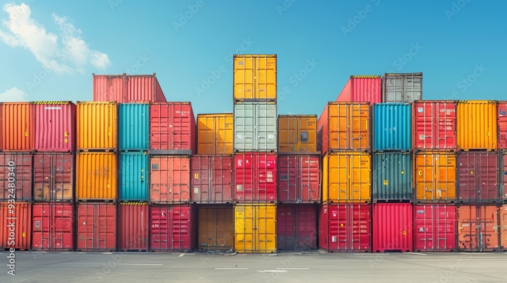 Fototapeta premium Expansive view of a shipping yard filled with air containers stacked neatly in rows under a clear blue sky