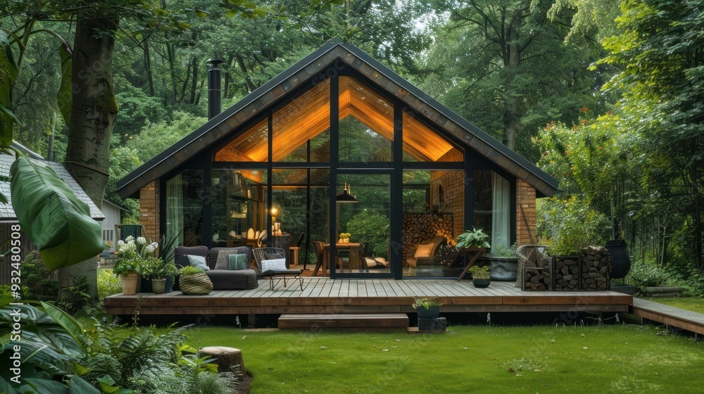 Fototapeta premium Garden house designs often complement the surrounding landscape and may include elements such as large windows to capture garden views, natural materials such as wood or stone,