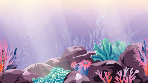 Seamless Underwater background. Ocean floor with stones, corals, algae, and shellfish. Vector illustration