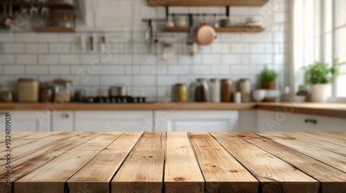 Wide wooden table top on a blurred kitchen background. Free space for product display