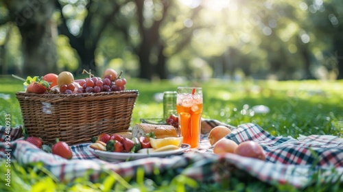 leisure and eating concept - close up of food, drinks and picnic basket on blanket on grass at summer park.
