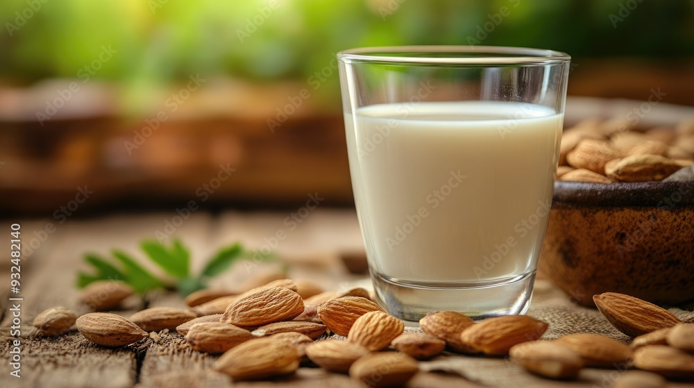 Fresh almond milk served in a glass, surrounded by whole almonds on a wooden surface, ideal for healthy lifestyle images. Fresh almond milk served in a glass, surrounded by whole almonds on a wooden surface, ideal for healthy lifestyle images.