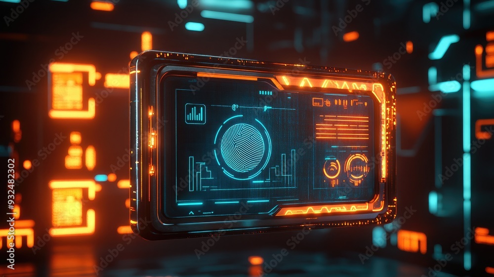 Futuristic digital panel displaying data metrics in neon lights, ideal for technology and sci-fi themes. Futuristic digital panel displaying data metrics in neon lights, ideal for technology and sci-fi themes.
