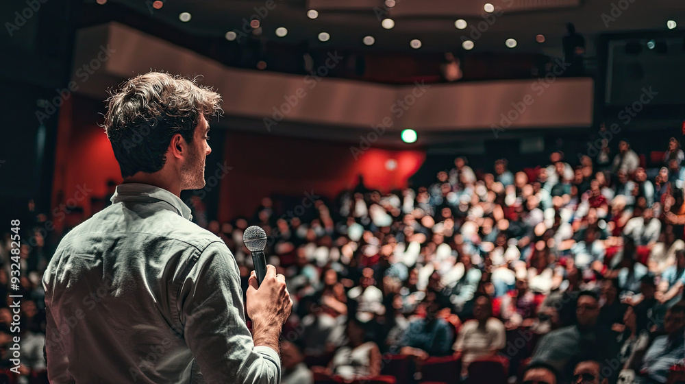Motivational Speaker Standing Confidently in Front of a Large Audience at a Professional Event – Inspiring Speech with Engaged Crowd, Public Speaking and Motivational Presentation Motivational Speaker Standing Confidently in Front of a Large Audience at a Professional Event – Inspiring Speech with Engaged Crowd, Public Speaking and Motivational Presentation
