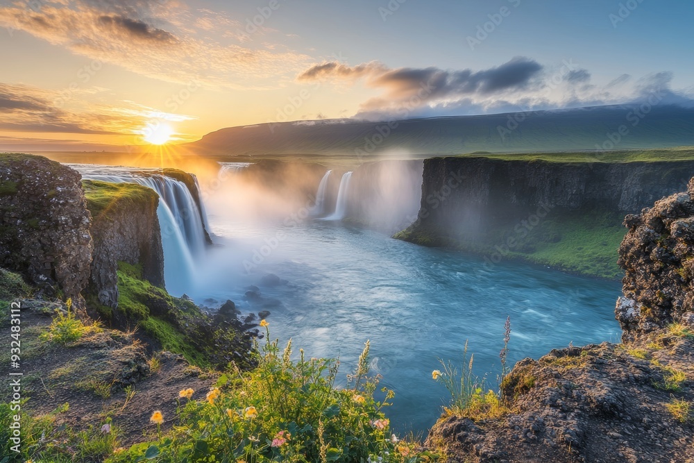 Fototapeta premium Godafoss waterfall stunning summer morning landscape photography capturing a breathtaking scene