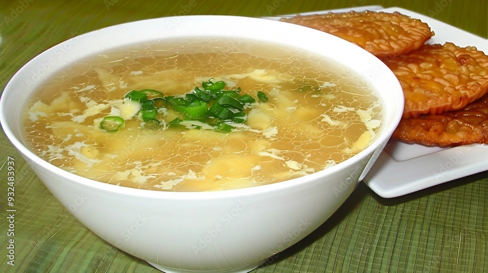 Inviting bowl of egg drop soup Dan hua tang served alongside a plate of crispy Latiaozi Inviting bowl of egg drop soup Dan hua tang served alongside a plate of crispy Latiaozi