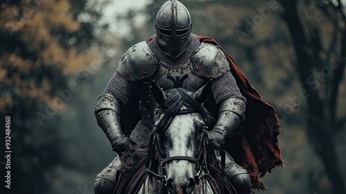 A Medieval Knight Riding a Horse Through a Forest