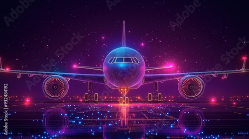 aviation technology concept, airplane graphic with microchip and futuristic elements. purple blue dot style