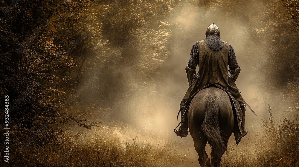A lone knight riding through a misty forest A lone knight riding through a misty forest