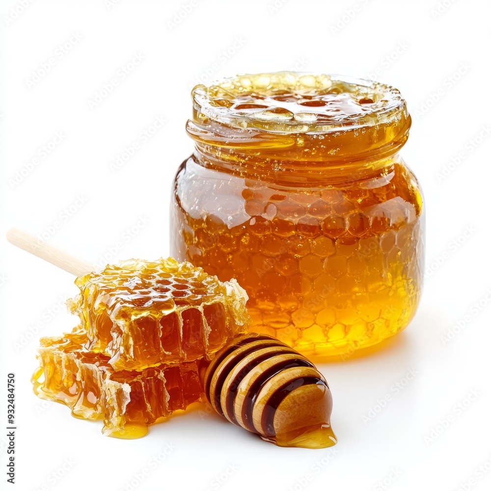Close up of A small jar of honey jam with a honeycomb on an isolated white background Close up of A small jar of honey jam with a honeycomb on an isolated white background