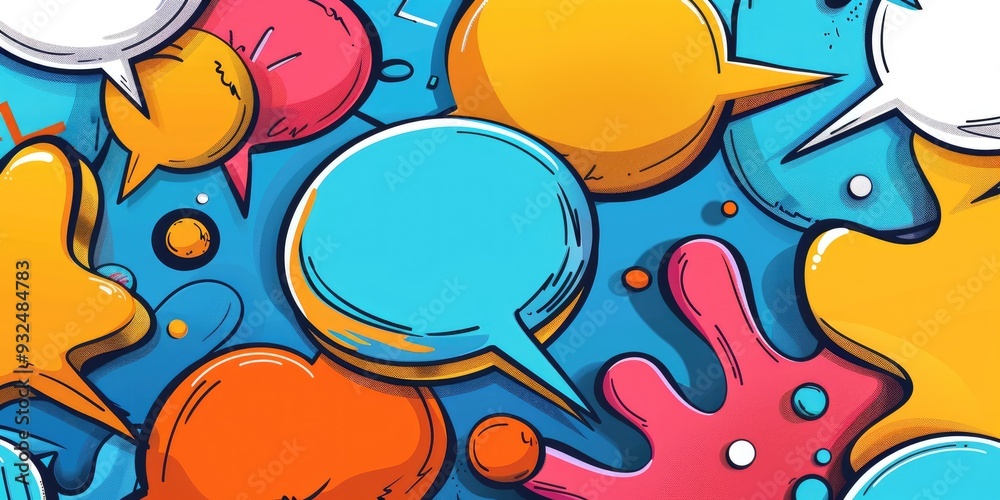 Illustration symbolizing free expression and the exchange of ideas, featuring a variety of comic speech bubbles with differing opinions and perspectives encircling central text. Illustration symbolizing free expression and the exchange of ideas, featuring a variety of comic speech bubbles with differing opinions and perspectives encircling central text.