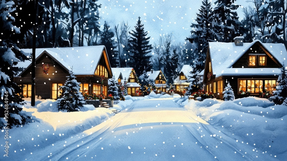 A picturesque winter scene with snow-covered houses, glimmering lights, and falling snowflakes creating a cozy atmosphere. A picturesque winter scene with snow-covered houses, glimmering lights, and falling snowflakes creating a cozy atmosphere.