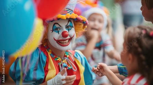 A kind clown smiles warmly while handing out vibrant balloons to excited children during a joyful outdoor celebration