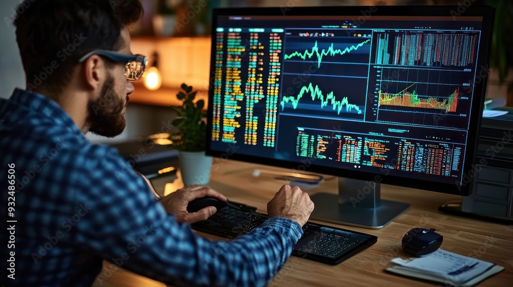 Man Working on a Computer with Stock Market Data Displayed Man Working on a Computer with Stock Market Data Displayed