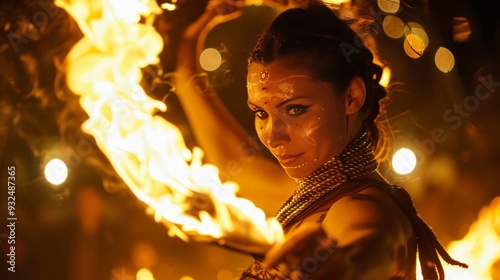 Fire dancers skillfully manipulate flaming props, creating dazzling performances. photo