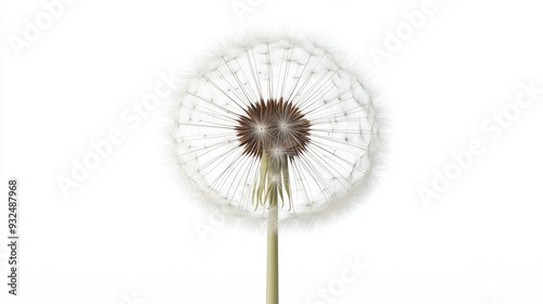 A hyperrealistic 3D render of a dandelion in seed, ready to be blown, isolated on white background