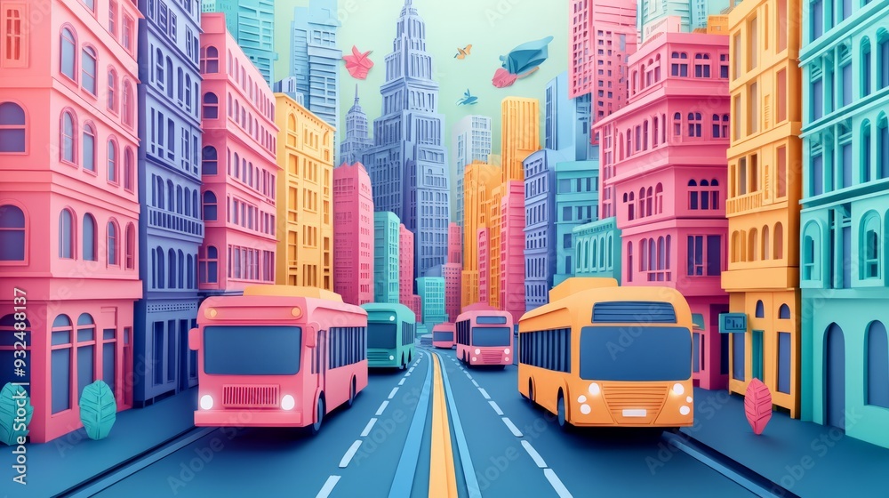 Colorful illustration of a vibrant cityscape with modern buses and tall buildings in a bright and lively urban setting. Colorful illustration of a vibrant cityscape with modern buses and tall buildings in a bright and lively urban setting.