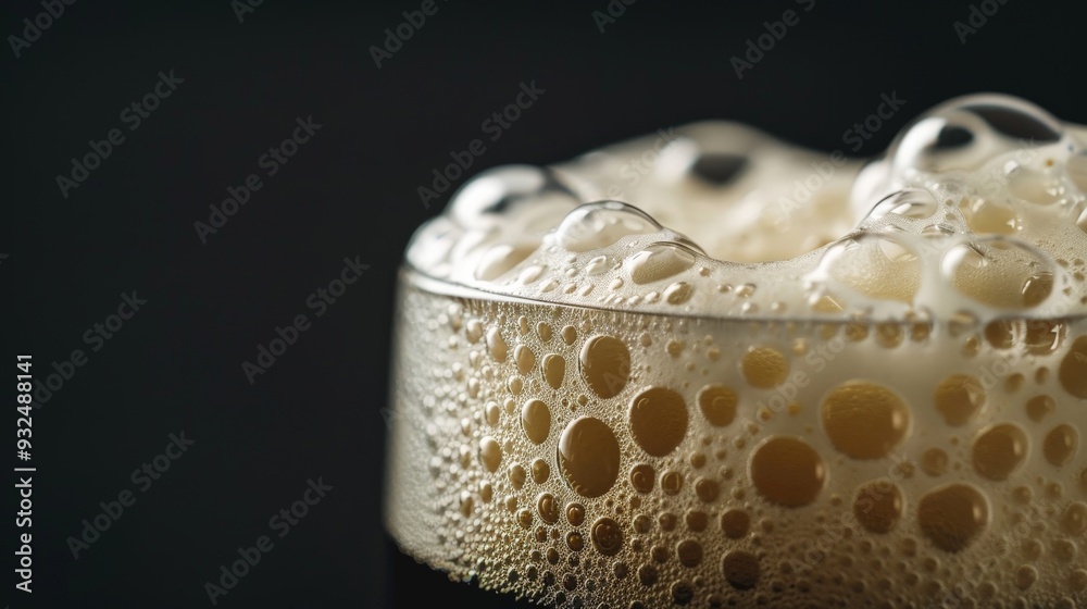 Obraz premium Focus on the creamy beer foam with a front-facing perspective, using a black background to highlight the texture and bubbles.