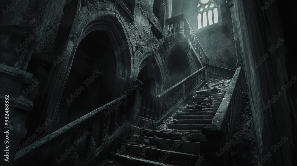 A dark and abandoned staircase leads up in a neglected building, with shadows dancing and light seeping through shattered windows A dark and abandoned staircase leads up in a neglected building, with shadows dancing and light seeping through shattered windows