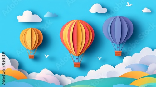 Wallpaper Mural Colorful paper art hot air balloons floating in the sky with clouds and birds. Surreal and whimsical illustration. Torontodigital.ca