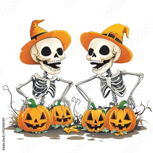 Two cheerful skeletons wearing orange hats, surrounded by Halloween pumpkins in a fun, spooky scene.